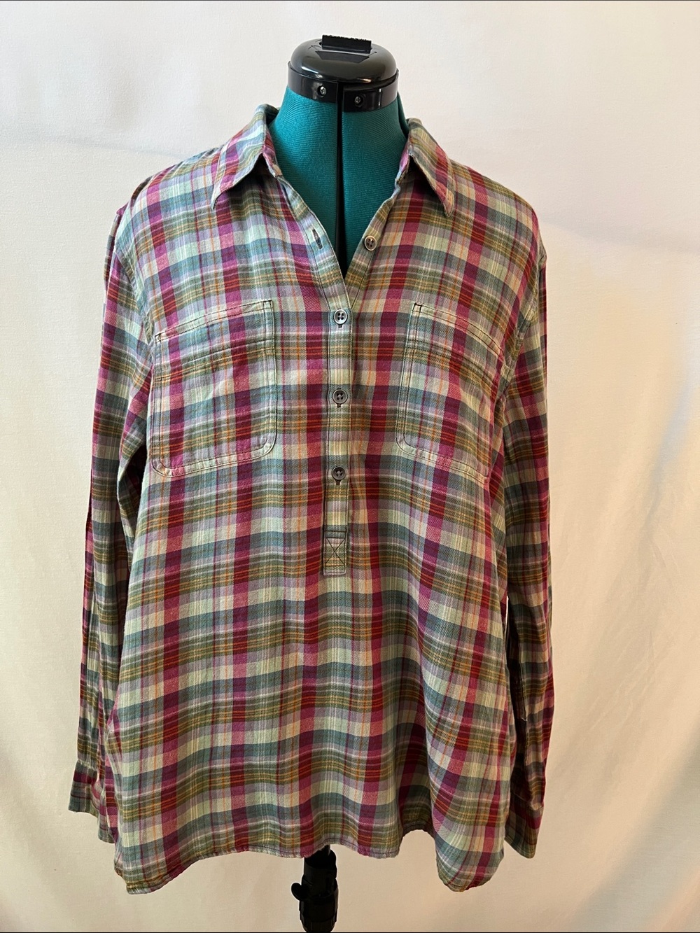Chaps 100% Cotton Plaid 2/3 Button-Front Blouse - Burgundy, Green & Cream